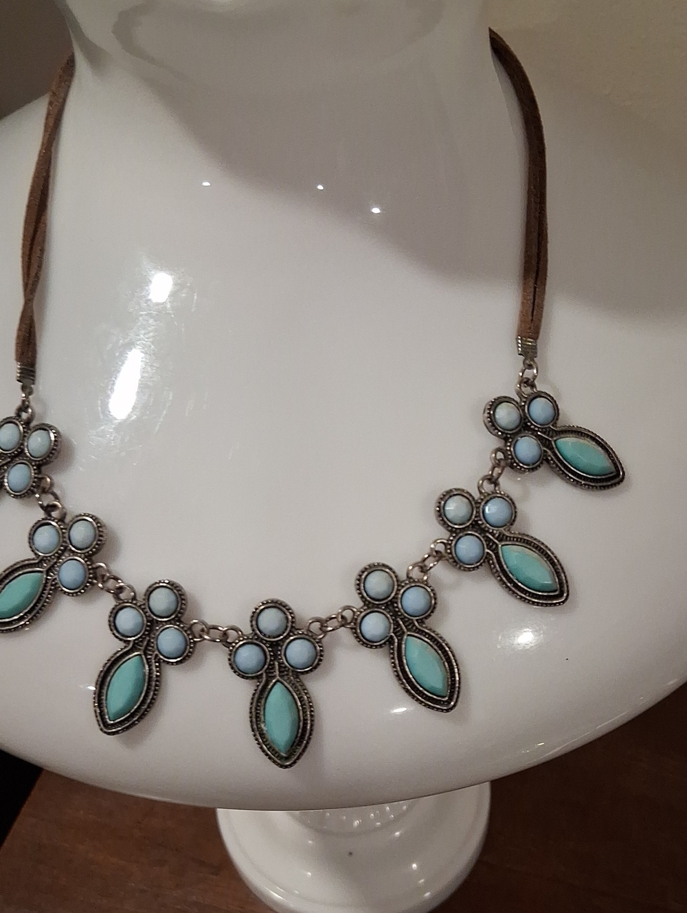 Turquoise and Light Blue Floral Drop Necklace Faux Leather Cord